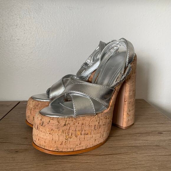 Schutz Pattie Platform Pump Heels sz 8 US Chunky Sandal Silver Cork Cyber Y2K - Picture 2 of 13